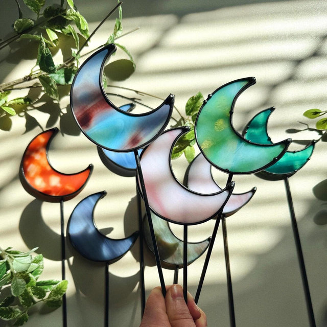 Plant stake Stained Glass Moon | Plant Pot Pick Accessorie | Garden Pick | Fairy Garden | Moon Decor | Plant Love Gift