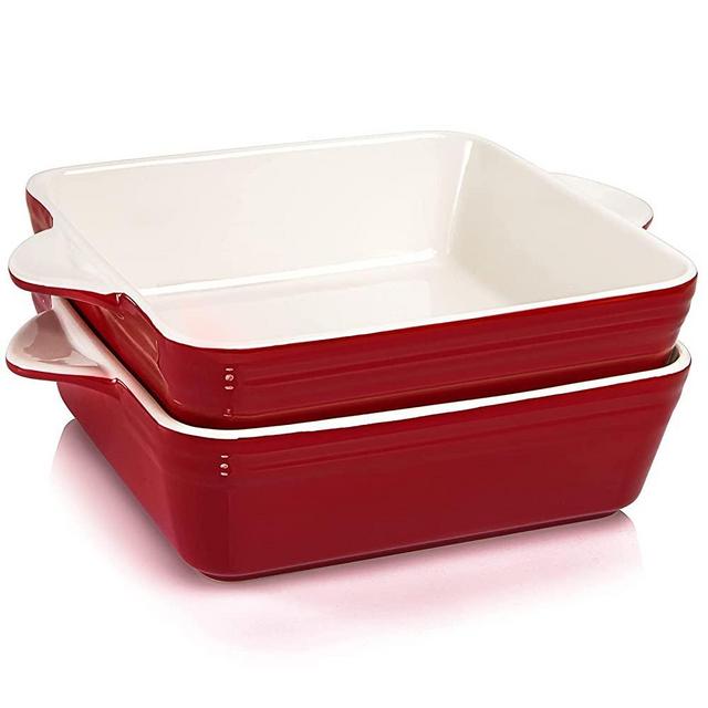AVLA 2 Pack Porcelain Baking Dish, Square 9x9 Inch Brownie Dish Lasagna Pan Roasted Meat Bakeware Set for Kitchen, 62 OZ Casserole Dish with Double Handle, Vintage Red