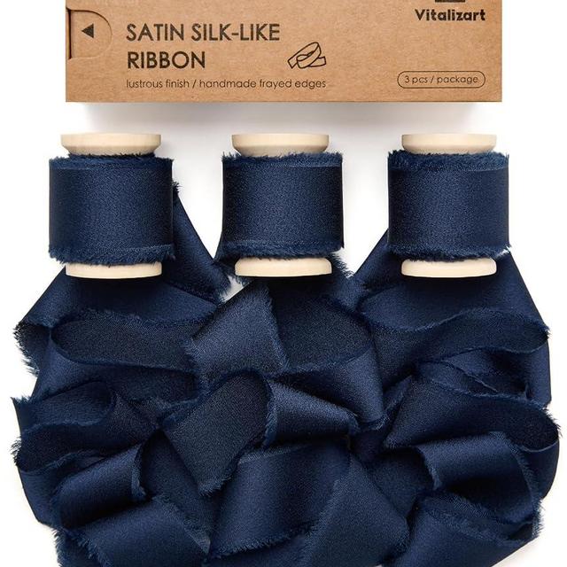 Vitalizart Silk Satin Ribbon 1 Inch x 15 Yard Wooden Spool Navy Blue Handmade Frayed Ribbon for Gift Wrapping Baby Shower Wedding Bridal Bouquets Holiday Decor 3 Rolls x 5 Yard