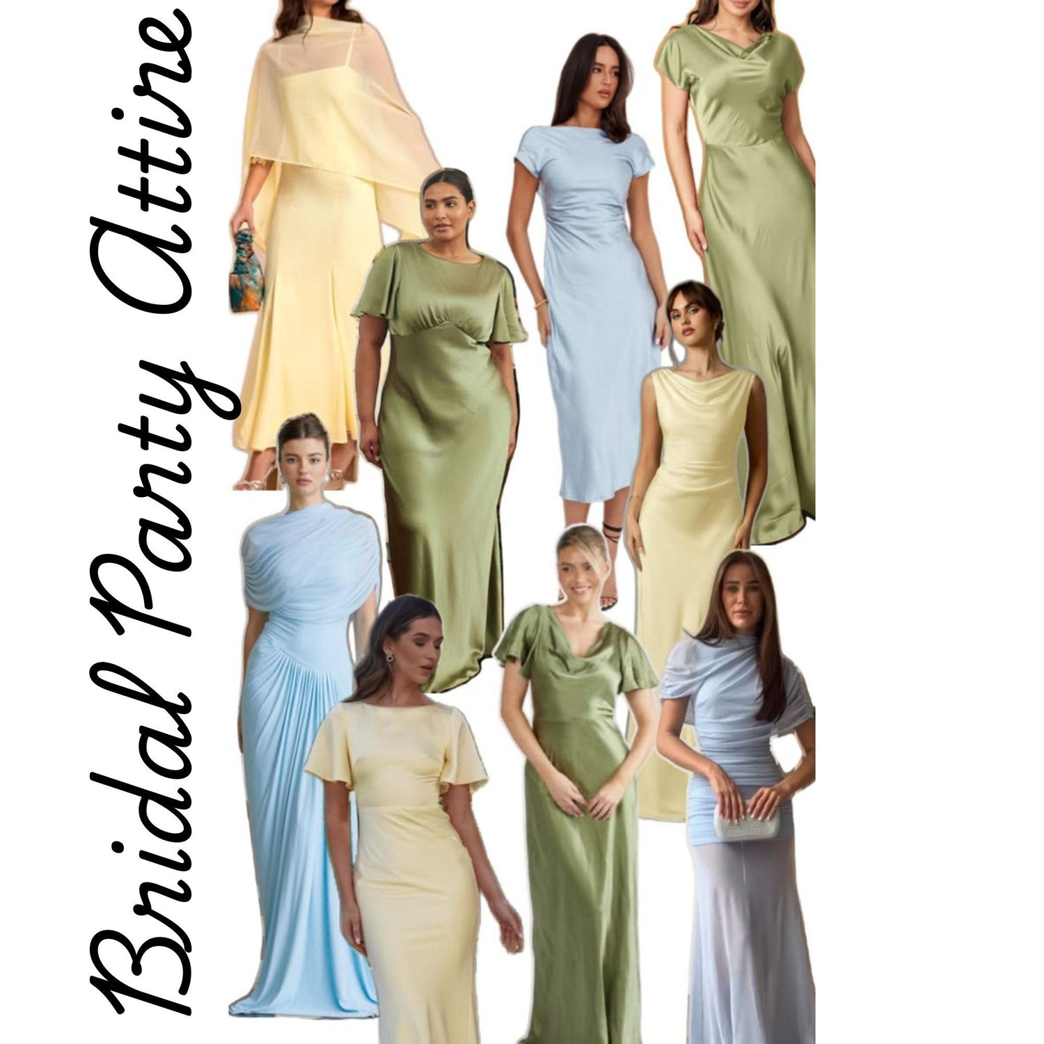 Bridal Party Color Palette: Butter Yellow, Sky Blue, & Pistachio Green. Modest attire with long hemlines, covered shoulders, and high neckline.