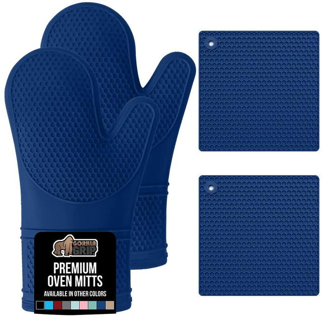 Gorilla Grip Heat Resistant Waterproof Silicone Oven Mitt and Pot Holder 4 Piece Set, Includes 2 Soft and Flexible Cooking Mitts and Trivet Mats, Gloves and Potholders for Use on Hot Surfaces, Blue
