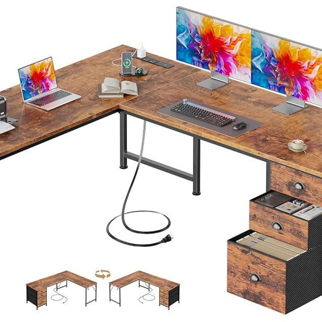 Furologee 63" L Shaped Computer Desk with Power Outlet, Reversible Home Office Desk with 2 Fabric Drawers, File Cabinet, Hooks, Corner Work Table, Rustic Brown