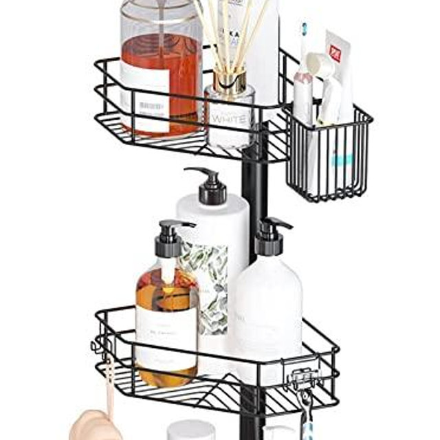 SEIRIONE Rustproof Corner Shower Caddy Organizer, 4 Large Baskets for Storage Bathroom Accessories, Tension Pole Extend from 56 to 114 Inch, Black