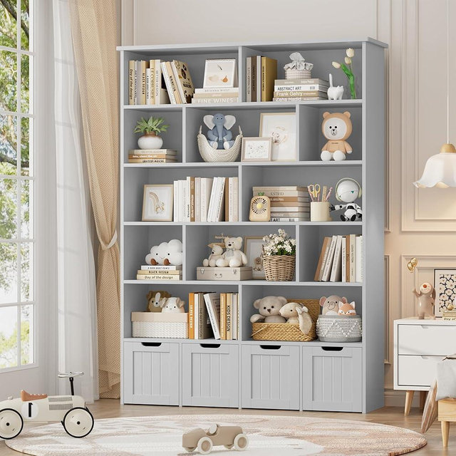 FINETONES 6 Tier Toy Storage Organizer, 69" Tall Kids Bookshelf with 4 Movable Drawers and 12 Storage Cubbies, Toy Organizers and Storage Kids Storage Organizer Playroom Storage for Kids Room, Grey
