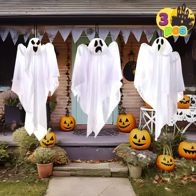 Joyfy 3Pcs Halloween Hanging Ghosts Outdoor Decorations, 27.5in White Flying Ghost Halloween Party Decor for Front Yard Patio Lawn Garden Trees