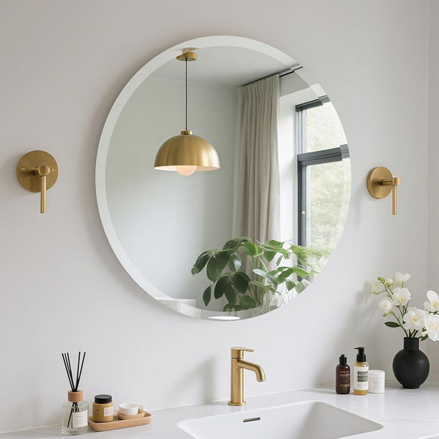 FARMER Frameless Round Mirror, 28 inch Circle Mirror with 1" Beveled Edge, Beveled Bathroom Mirror for Wall, Vanity, Bedroom, Living Room