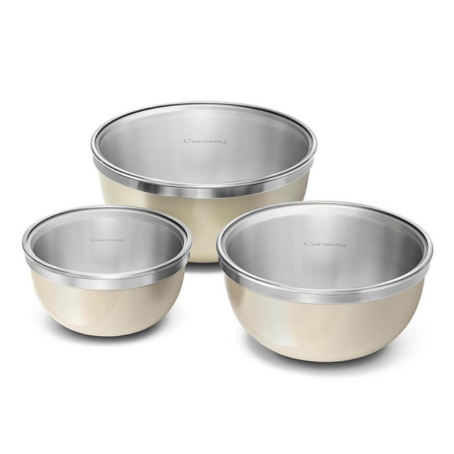 Caraway 6-Piece Mixing Bowl Set with Lids - 6 qt, 4 qt, 2 qt Stainless Steel Bowls with Tempered Glass Lids - Non-Toxic, PFAS-Free - Cream