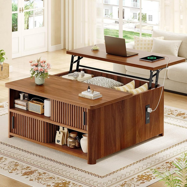Itaar 31.5" Lift Top Coffee Table with Charging Station, Fluted Wood Coffee Table with Hidden Storage & Hydraulic Lifter, Living Room Table with Sliding Doors for Home Office, Walnut