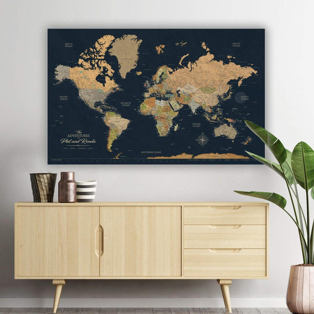Classic Earth Tones with Navy World Push Pin Map on Premium Canvas with Personalized Legend, Customized Pinboard Map for Pinning Travel