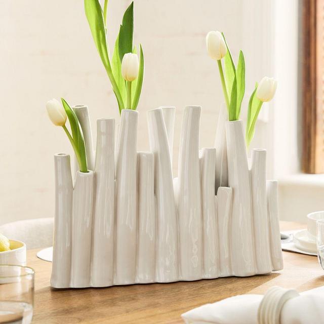 We Spring Tulipiere Centerpiece Vase, White Ceramic, 14 in Wide