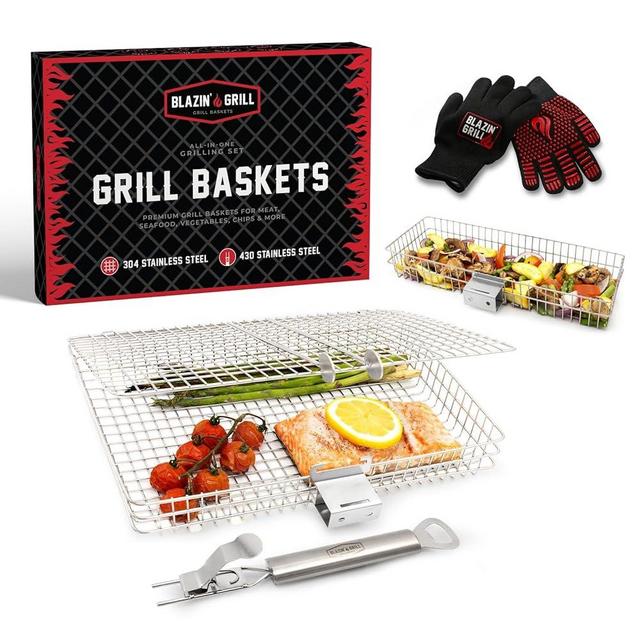 Blazin' Grill Grill Baskets for Outdoor Grill | 2 Grilling Baskets with Detachable Handle | Barbecue Grill Set with BBQ Gloves | Portable Camping Net Rack Perfect for Vegetables, Seafood & Meat |
