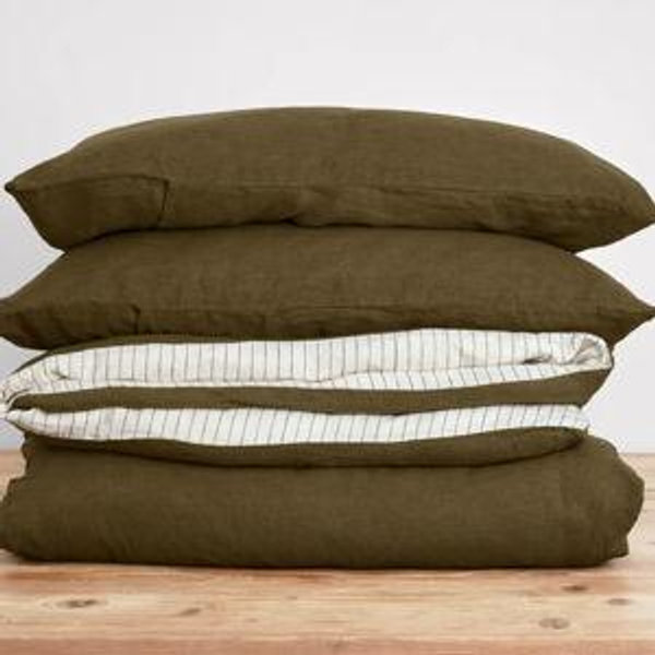 French Flax Linen Double Sided Quilt Cover Set in Olive/Olive Stripe King
