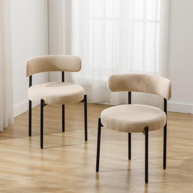 Locus Bono Boucle Dining Chairs Set of 2, Modern Upholstered Dining Room Chairs, Armless Kitchen Chair for Dining Room, Living Room, Black Metal Legs (Beige)