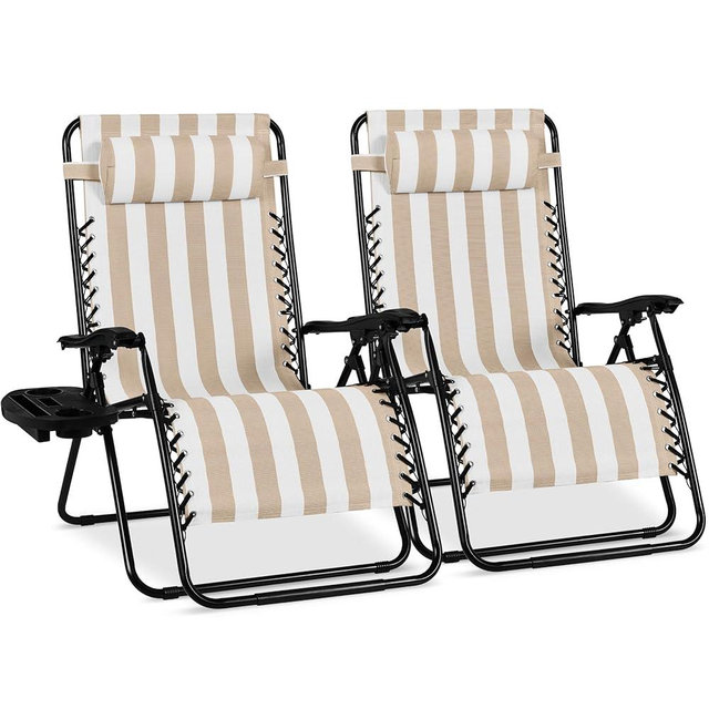 Best Choice Products Set of 2 Extra Wide Adjustable Steel Mesh Zero Gravity Lounge Chair Recliners w/Pillows and Cup Holder Trays - Tan Stripes