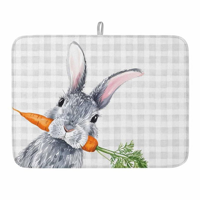 Easter Dish Drying Mat for Kitchen Counter Bunny Carrot Drying Pad Absorbent Drying Mats for Countertops Sinks Draining Racks Rabbit Grey Buffalo Plaid Reversible Drainer Spring Holiday Decor 18x24