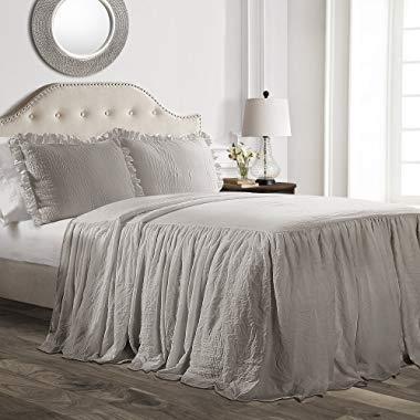 Lush Decor Ruffle Skirt Bedspread Gray Shabby Chic Farmhouse Style Lightweight 3 Piece Set, Queen