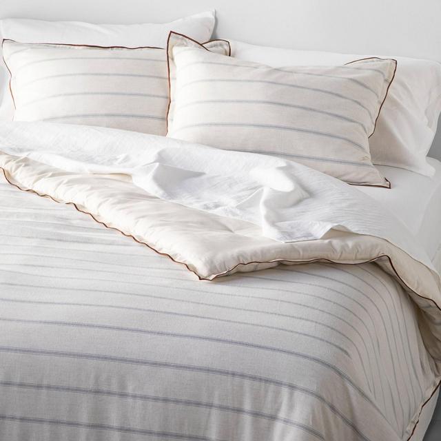 Full/Queen Ticking Stripe with Contrast Hem Comforter Set Light Blue - Hearth & Hand™ with Magnolia