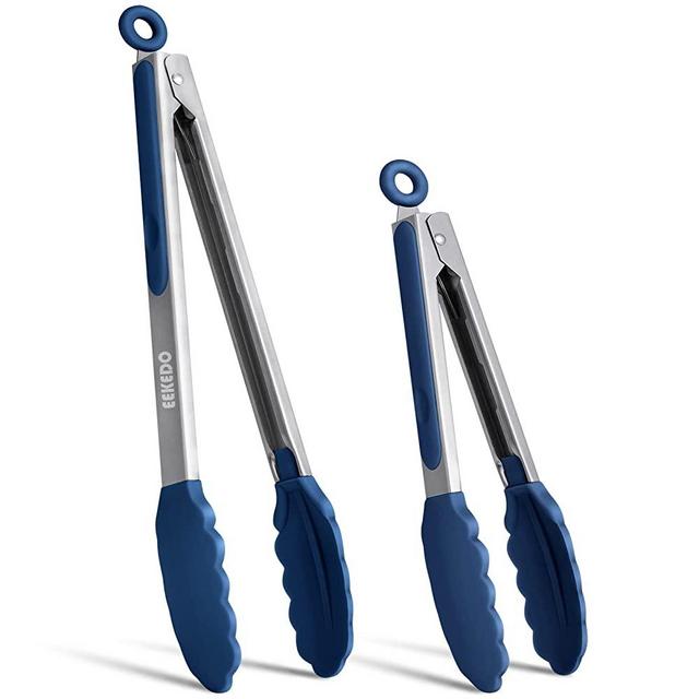 EEKEDO Kitchen Tongs, Stainless Steel Silicone Tongs for Cooking 600ºF High Heat-Resistant BBQ Grilling Locking Tongs, Set of 2-9" and 12" Classic Blue