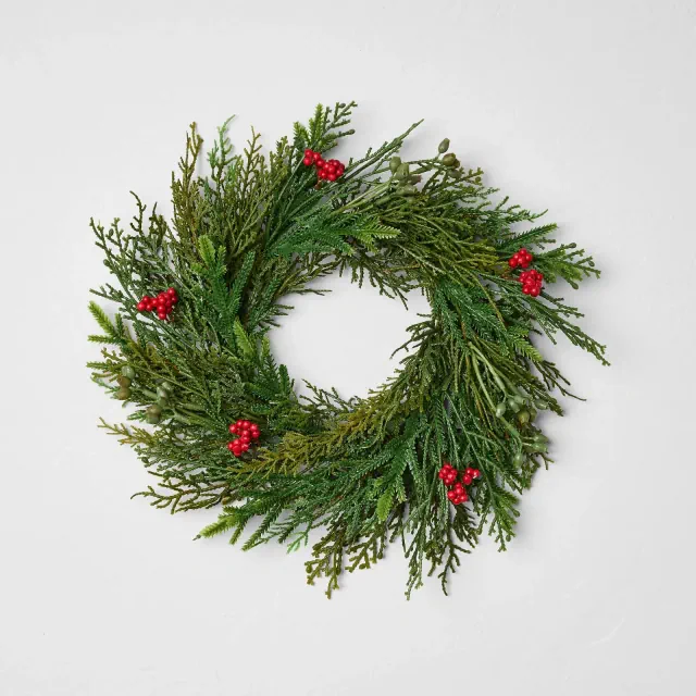 12" Mini Cypress and Red Berry Artificial Wreath - Hearth & Hand™ with Magnolia