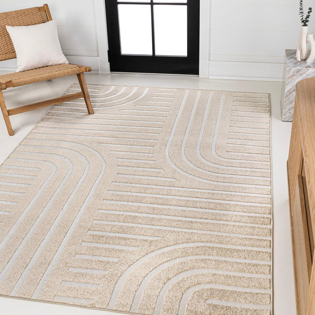 JONATHAN Y Anders High-Low MidCentury Modern Arch Stripe Two-Tone Beige/Cream 4 ft. x 6 ft. Indoor/Outdoor Area Rug, Non-Shedding, Easy-Clean