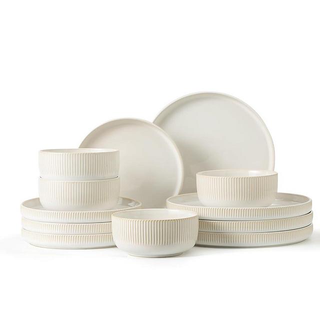 Frewinky Stoneware Dinnerware Sets for 4,12 Piece Kitchen Plates and Bowls Set,Reactive Glaze Porcelain Dinnerware Sets Scratch Resistant,Dishwasher and Microwave Safe,Vintage White
