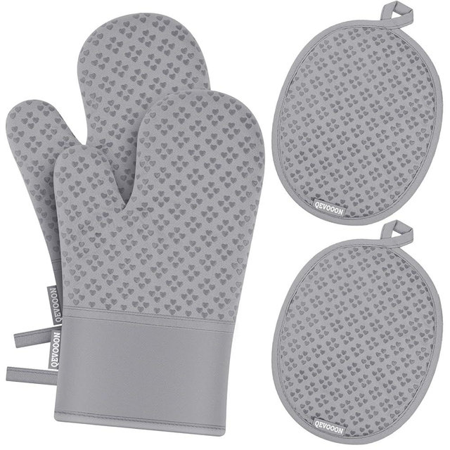 Oven Mitts and Pot Holders 4 Sets, Heat Resistant 500 ℉ Oven Mitt and Pot Holder,Oven Glove&Potholders with Non-Slip Silicone Surface,Kitchen Essentials for Cooking/Baking/BBQ-Grey