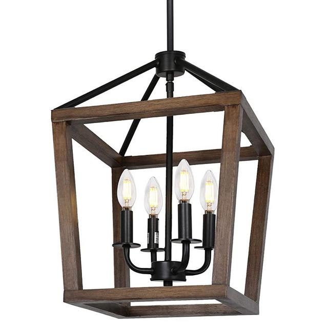 4-Light Rustic Chandelier, Adjustable Height Lantern Pendant Light with Oak Wood and Iron Finish, Farmhouse Lighting Fixtures for Dining Room, Kitchen, Hallway and Entryway, ETL Listed