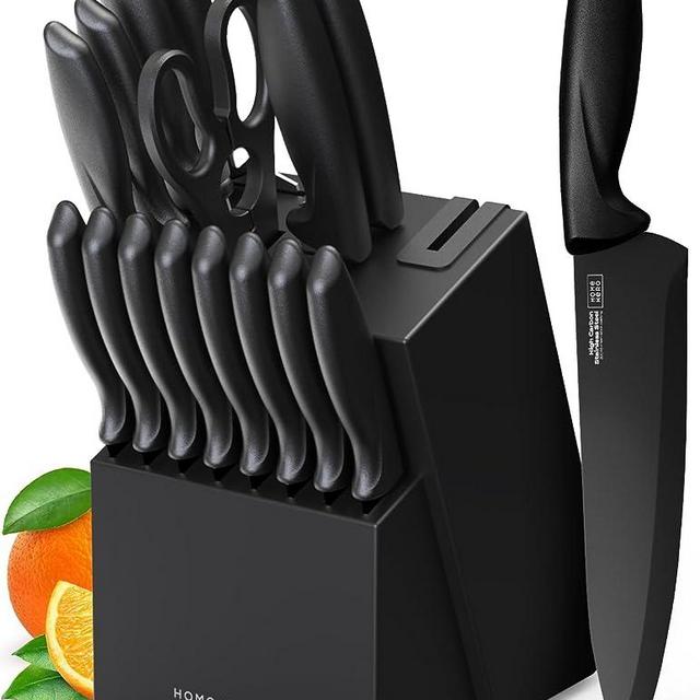 16-Pcs Kitchen Knife Set with Wooden Block - Titanium Finish on Knives - Kitchen Gadgets, Apartment Essentials - Kitchen Knives, Knife Sets for Kitchen With Block - Knives Set for Kitchen, Knife Block