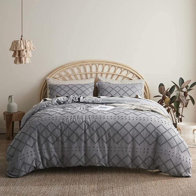 Bedsure Tufted Duvet Cover Set Full/Queen Size, 3 Pieces Embroidery Shabby Chic Comforter Cover Set, Soft and Durable Bedding Set for All Seasons, Grey