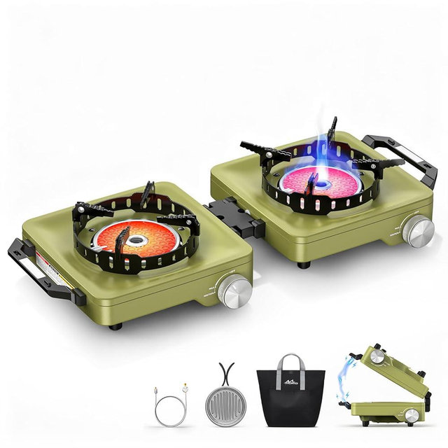 MoKo Propane Camping Stove 2 Burner, 36,000 BTU Infrared & Open Flame Hybrid, Windproof Folding Portable Outdoor Gas Cooking Kit with Frying Pan & Carry Bag For RV, Tailgating, Survival, Green