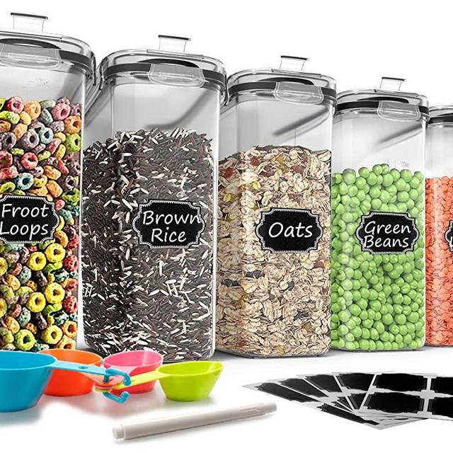 Large Cereal & Dry Food Storage Containers - Wildone 5 Pieces Airtight Cereal Storage Containers for Sugar, Flour, Snack, Baking Supplies, Leak-proof with Black Locking Lids (4L /135.3oz)