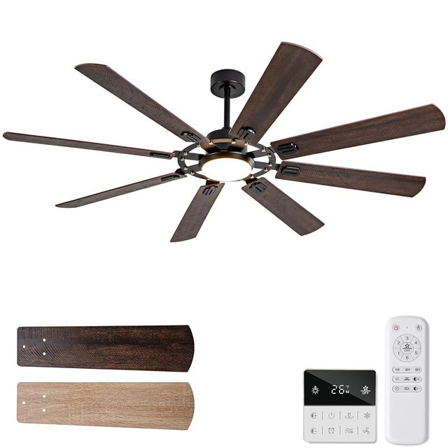 KENSID 72 Inch Outdoor Ceiling Fans with Lights and Remote, Large Matte Black Ceiling Fan with Light,8 Blade,Dimmable, Wall Switch, Quiet & Strong Motor, Farmhouse Ceiling Fans for Indoor