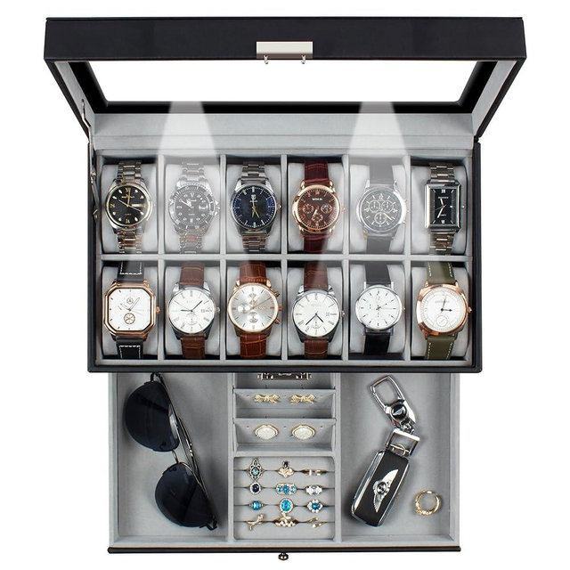 GUKA Watch Box 12 Slot Watch Display Organizer Leather Jewelry Case Drawer Glass Birthday for Men Women, Child Husband Dad GK-012BKGREY-LED-24
