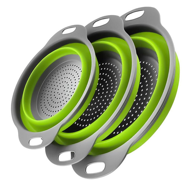 Collapsible Colander Set of 3 - Heat Resistant Washing and Draining of Vegetables Fruits Pasta - Perfect for Kitchen and Travel Use (3PCS-Green)