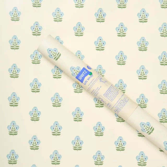 96"x30" Floral Gift Wrapping Paper Ivory/Blue - Spritz™