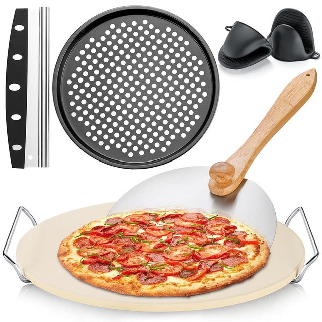 6PCS Pizza Stone Set, Unokit 13" Round Pizza Stone for Oven and Grill with Metal Rack, Natural Cordierite Baking Stone Set with Pizza Pan, Pizza Peel, Pizza Cutter and Oven Mitts for Pizza, BBQ