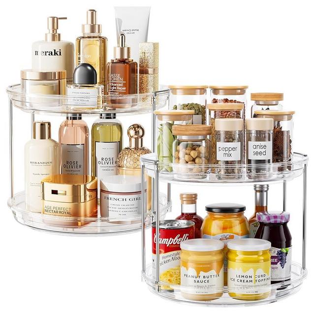 LAMU 2 Pack 2 Tier Lazy Susan Turntable Organizer 10.6'' Rotating Spice Rack Organization for Cabinet, Kitchen, Pantry, Countertop, Bathroom, Vanity, Makeup Organizer, Clear