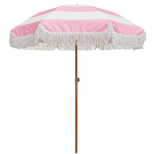 AMMSUN 7ft Patio Umbrella with Fringe Outdoor Tassel Umbrella UPF50+ Wood Color Steel Pole and Steel Ribs Push Button Tilt (Riviera Pink Stripe)