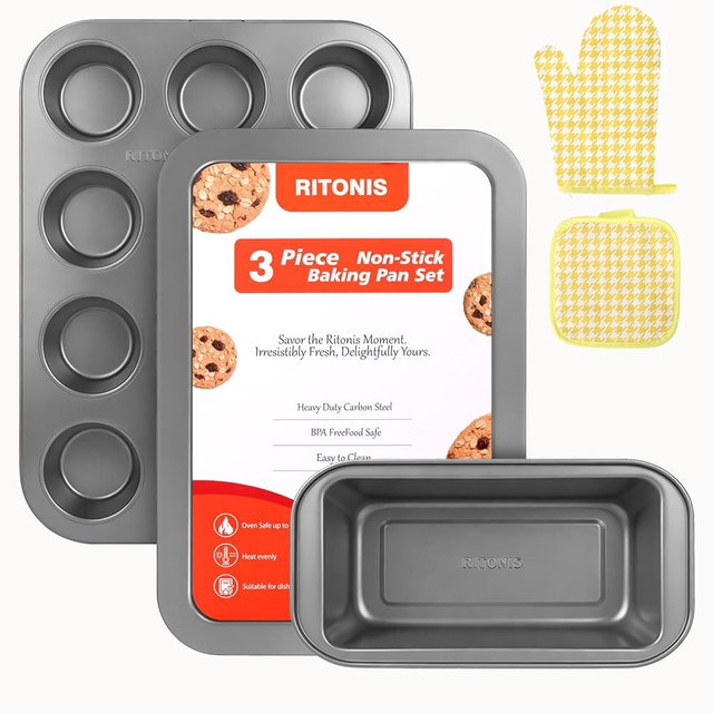 RITONIS 3-Piece Baking Pan Set NonstickStackable Non Toxic Oven Pan Set for Cooking，Includes Cookie Sheet，12-Cup Muffin pan，Bread Loaf Pan for Oven，Carbon Steel Bake Set ，with One Baking Glove