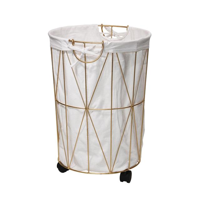 Mainstays Cylinder Symmetrical Pattern Metal Hamper with Wheels, Gold and Natural