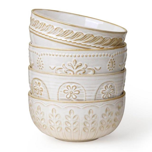 Artena Soup Bowls 32 OZ, Cereal Bowls Set of 4, Embossment Ceramic Ramen Bowl, 6.3 Inch White Salad Bowls, Large Dinner Bowl for Pho, Noodle, Pasta, Snack, Dishwasher Microwave Safe, Multiple Patterns