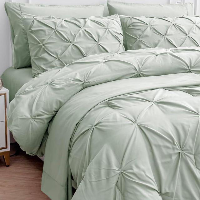 LANE LINEN Queen Size Comforter Set with Sheets, 7 Piece Comforter Set Queen Size, Pintuck Queen Comforter Set, Soft Queen Bed Set, Queen Size Bedding Comforter Sets, Queen Bed in Bag Set - Mineral