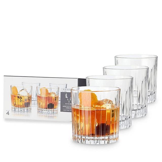 Viski D.O.F. Tumblers, 4 Lead-Free Crystal Lowball Cocktail Glasses European Made Glassware, Set of 4, Clear