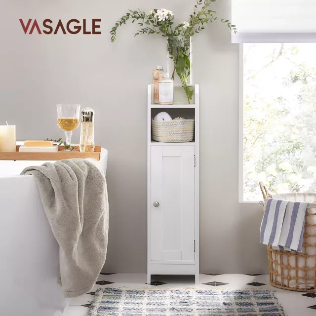 Small Bathroom Storage Corner Floor Cabinet with Door and Shelves, Storage Organizer, Narrow Bathroom Toilet Paper Storage Cabinet, White
