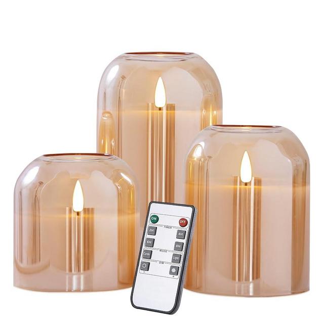 volnyus Gold Glass Flameless Candles with Remote Battery Operated Flickering LED Pillar Candles Real Wax 3D Wick Φ 4" H 4" 5" 6"