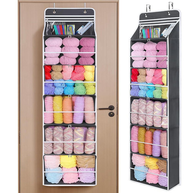 Univivi Hanging Yarn Storage Organizer with 6 Zipper Closure Compartments, Large Capacity Knitting Organizer Storage, Over The Door Hanging Yarn Holder for Knitting Needles, Crochet Hooks (Dark Grey)