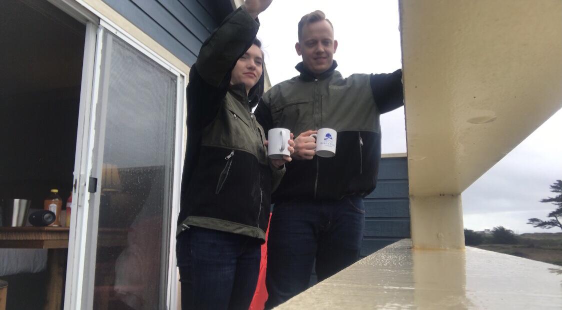 Waving to some strangers from the balcony of our hotel @ Surf & Sand Lodge on our first anniversary!