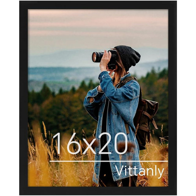 Vittanly 16x20 Picture Frame for Wall, Plexiglass, Displays Poster 11x14 with Mat or 16x20 without Mat, PVC Frame Material, Horizontal or Vertical Hanging, 1 Pack, Black