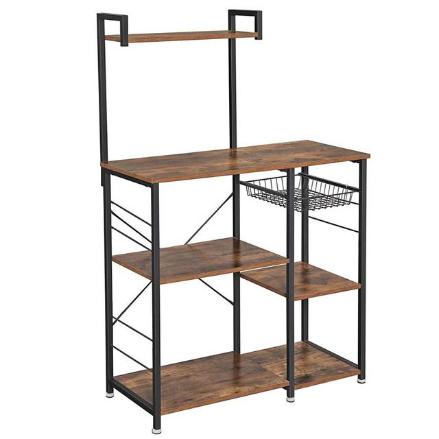 VASAGLE ALINRU Baker’s Rack with Shelves, Kitchen Shelf with Wire Basket, 6 S-Hooks, Microwave Oven Stand, Utility Storage for Spices, Pots, and Pans, Rustic Brown UKKS35X