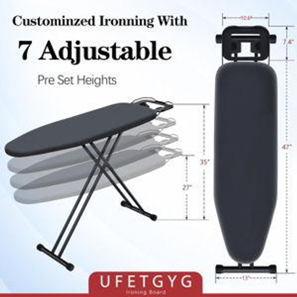 Ironing Board, Metal Panel Iron Board |43" X 13" W/with Iron Rest | Full Metal Construction| Height Adjustable | Heat